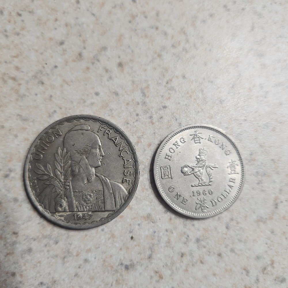 1 1947 1 Piastre coin, 1 1960 Hong Kong one dollar coin